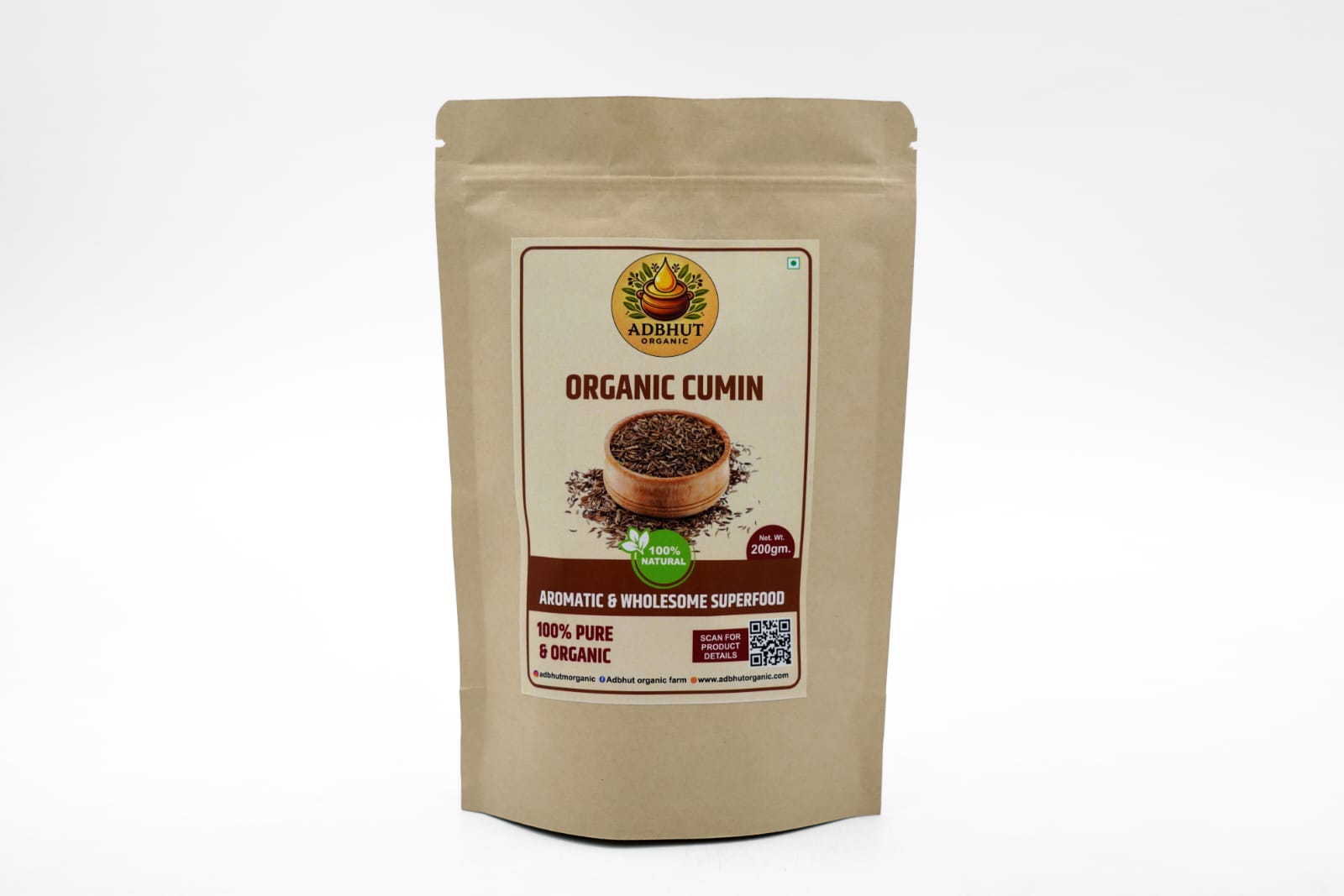 Adbhut Organic Cumin Seeds (Jeera) - 100% Pure & Aromatic Whole Spice (200g)