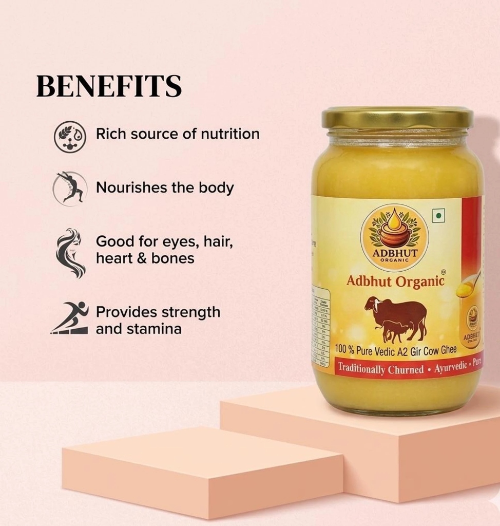 Adbhut Organic 100% Pure Vedic A2 Gir Cow Ghee - Traditional Bilona Churned (1 kg Glass Jar)