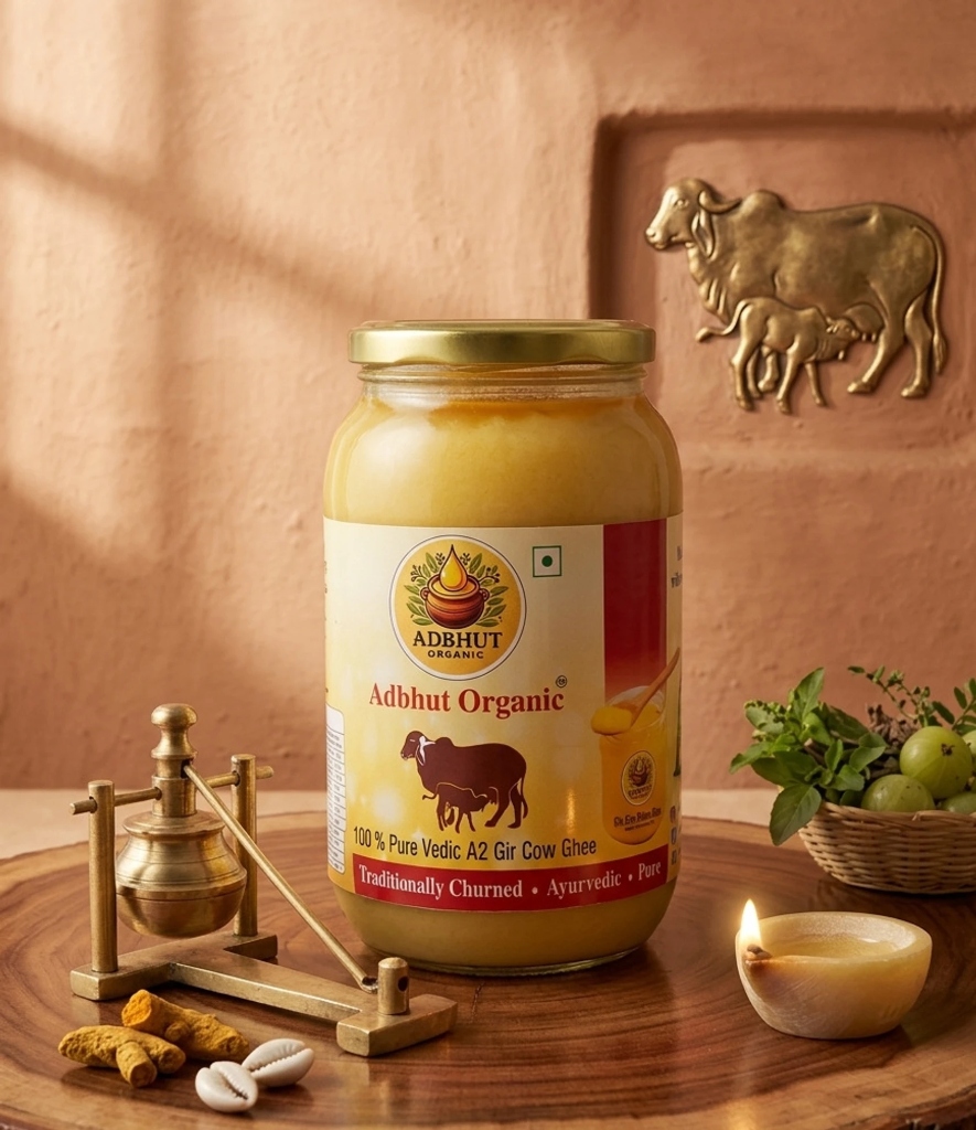 Adbhut Organic 100% Pure Vedic A2 Gir Cow Ghee - Traditional Bilona Churned (1 kg Glass Jar)
