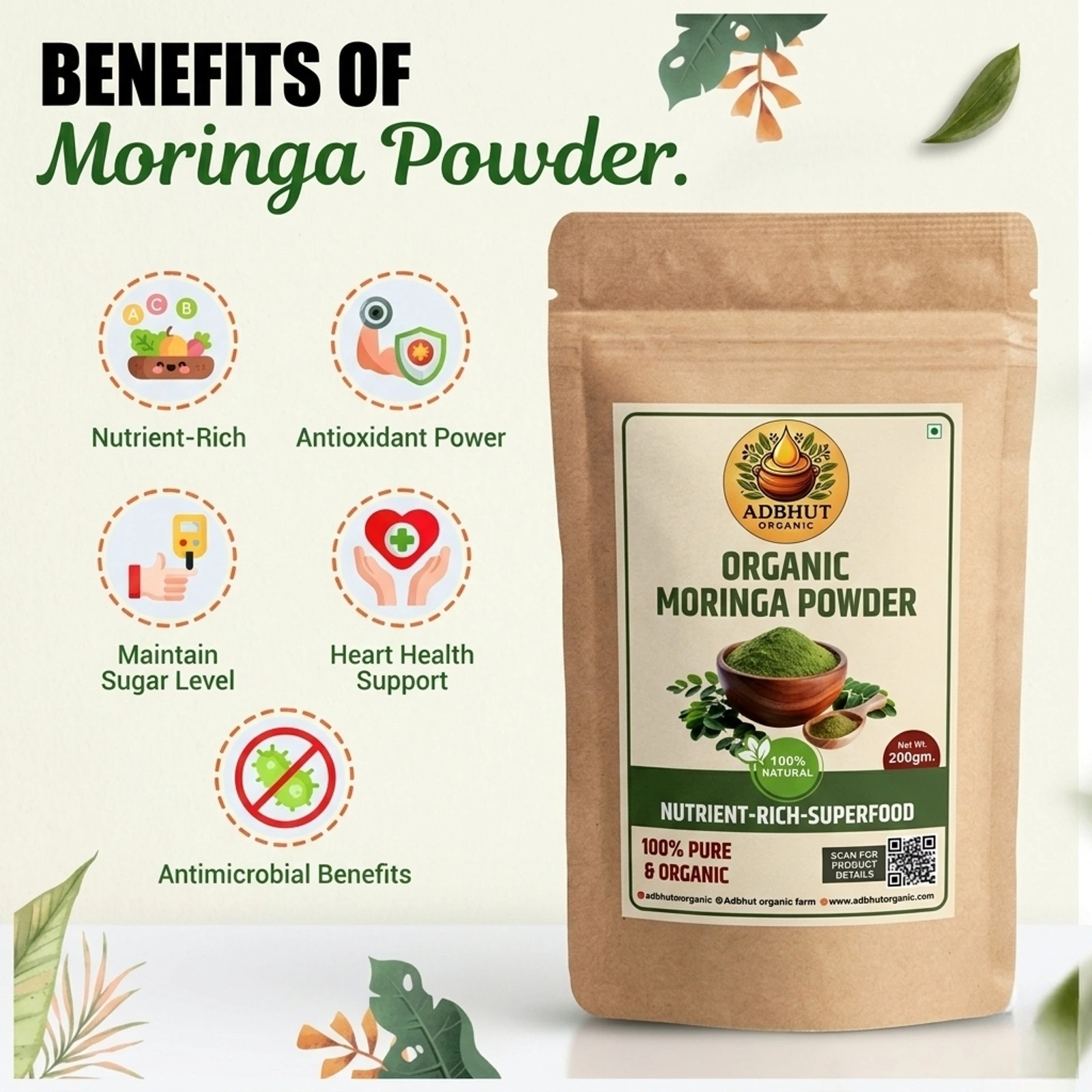 Adbhut Organic Moringa Leaf Powder - Pure & Unprocessed Green Superfood (200g)