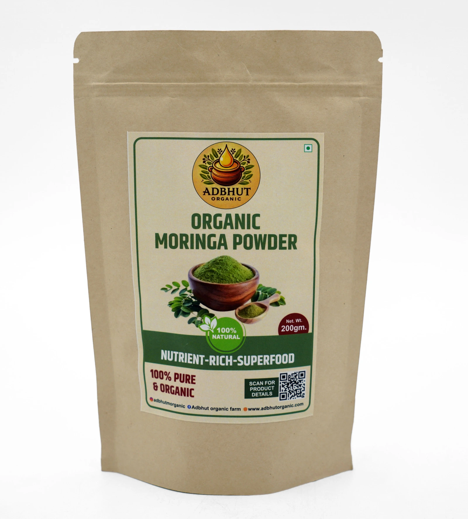 Adbhut Organic Moringa Leaf Powder - Pure & Unprocessed Green Superfood (200g)