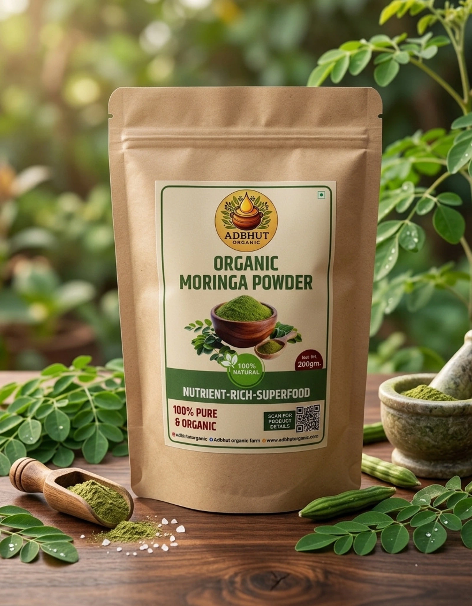 Adbhut Organic Moringa Leaf Powder - Pure & Unprocessed Green Superfood (200g)
